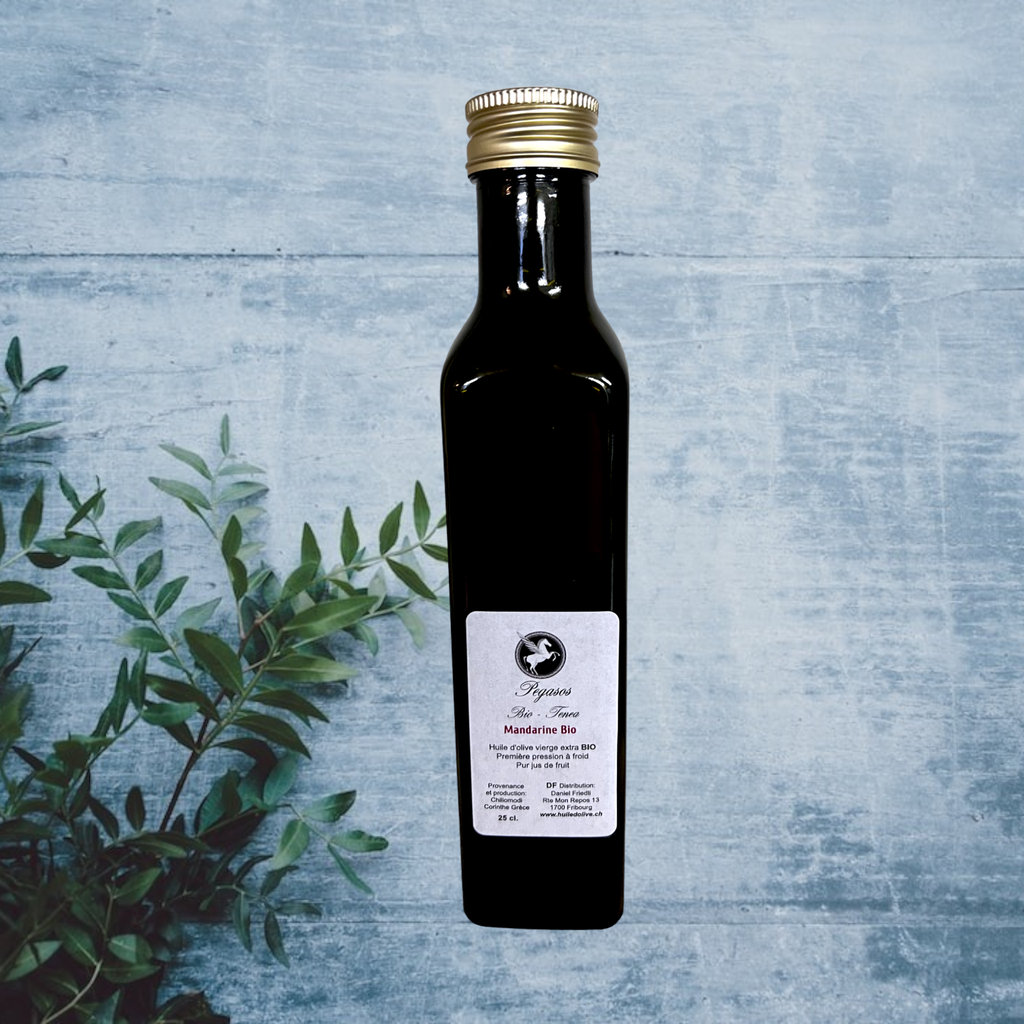 Huile d'olive de 1ère pression à froid extra vierges sélection Pegasos bio et agrumes bio de votre choix en bouteille 25 cl