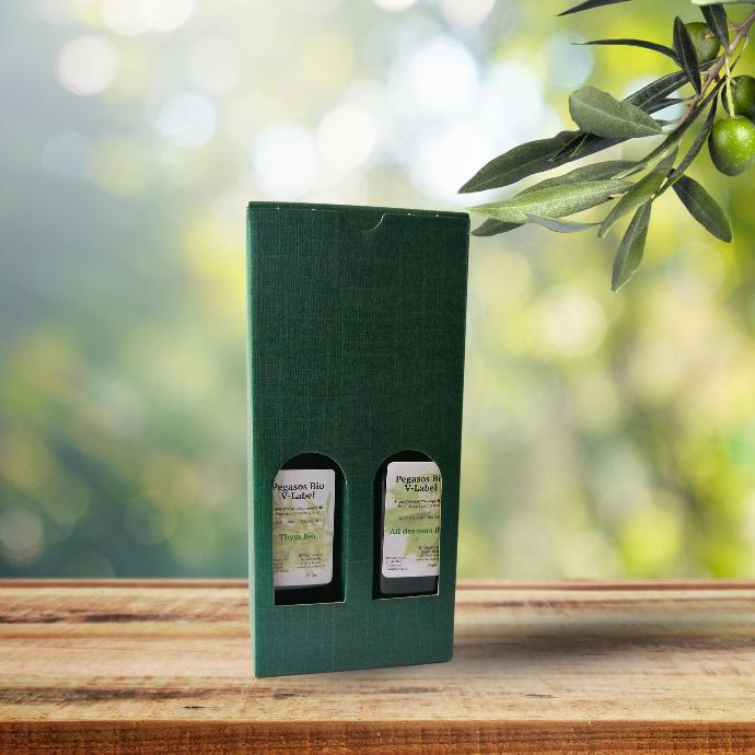 Coffret de 2 huiles d'olive aux herbes/plantes, bouteilles de 250ml