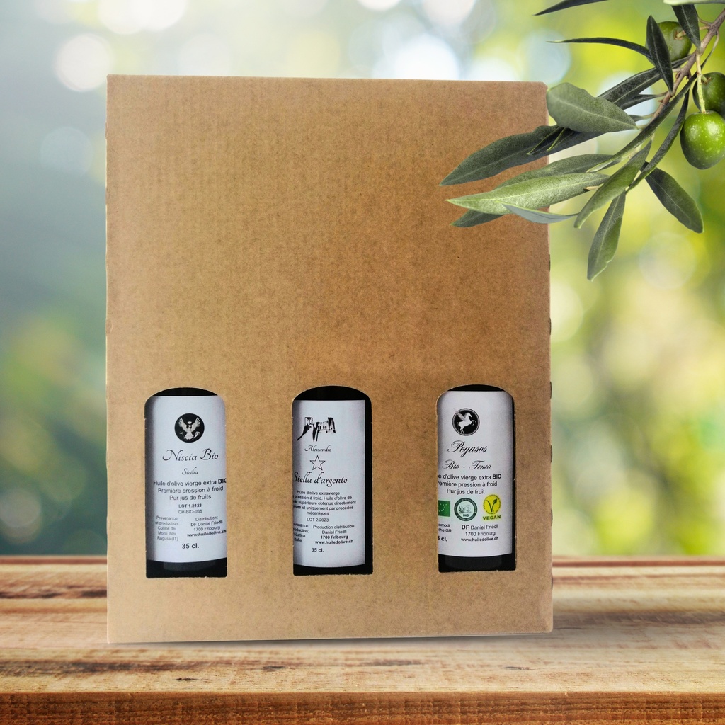 Coffret de trois huiles d'olive à choix, bouteille de 350 ml